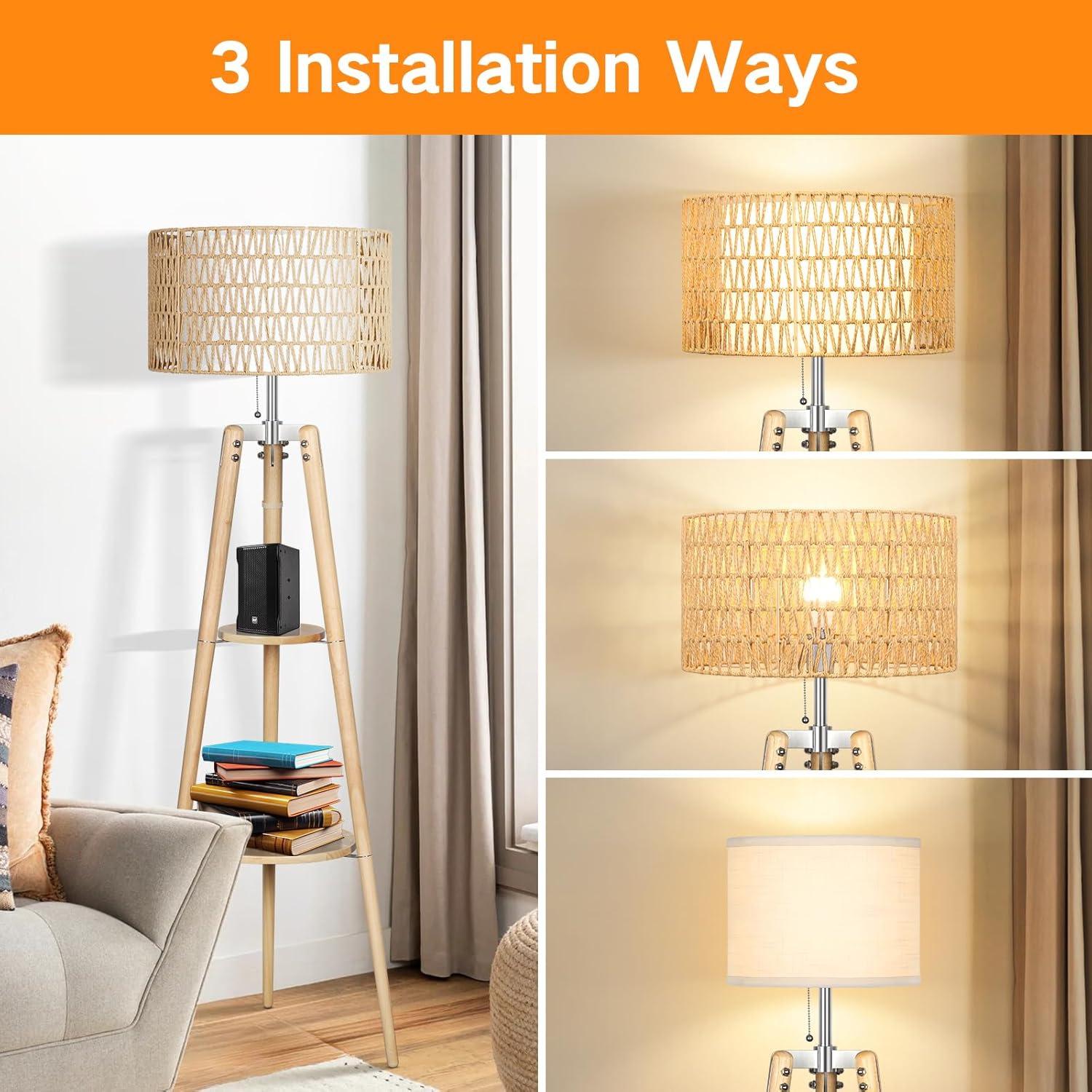 Wood Tripod Floor Lamp with Rattan & Linen - Image 2